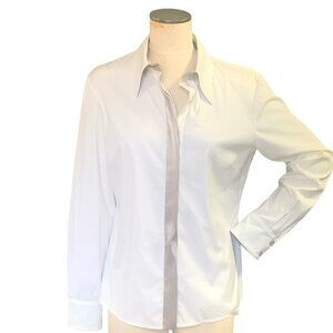 ST. JOHN Cotton Blend Satin Trim Button Down Top Sz 10 #139C